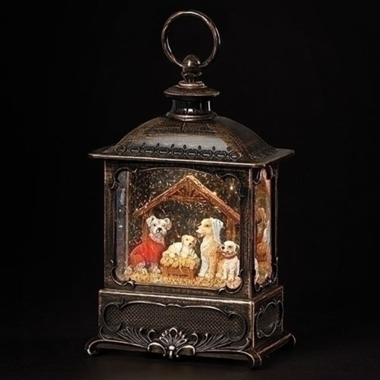 Roman 8.75" LED Lighted Canine Creche Christmas Snow Globe Lantern